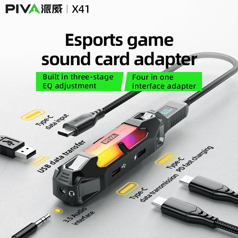Piva X41 External Sound Card Adapter Type-C to 3.5mm Headphone USB-C Fast Charging Audio Converter for Tablets And Phones Ideal