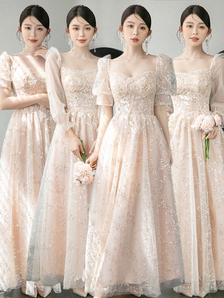 

Платья для подружек невесты цвета шампань с длинными рукавами, вечерние платья для сестер, формальные платья А-силуэта, бальные платья