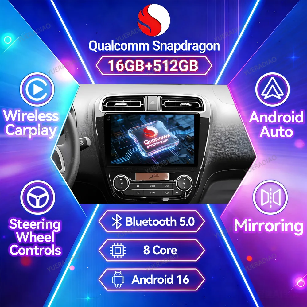 Android 16 Carplay Auto For Mitsubishi Mirage Attrage 2012 2018 2019 Space Star 2014 Head Unit 4G WIFI 2DIN GPS NAVI BT Qualcomm