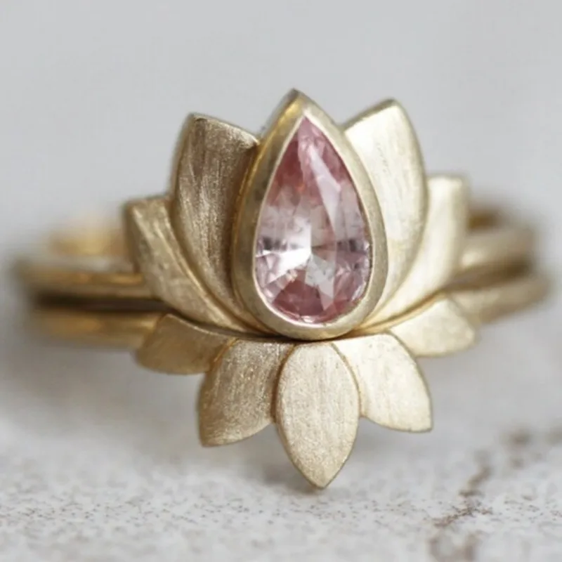 2Pcs Elegant Gold Color Lotus Engagement Ring Set with Pink Perfect for Weddings and Parties
