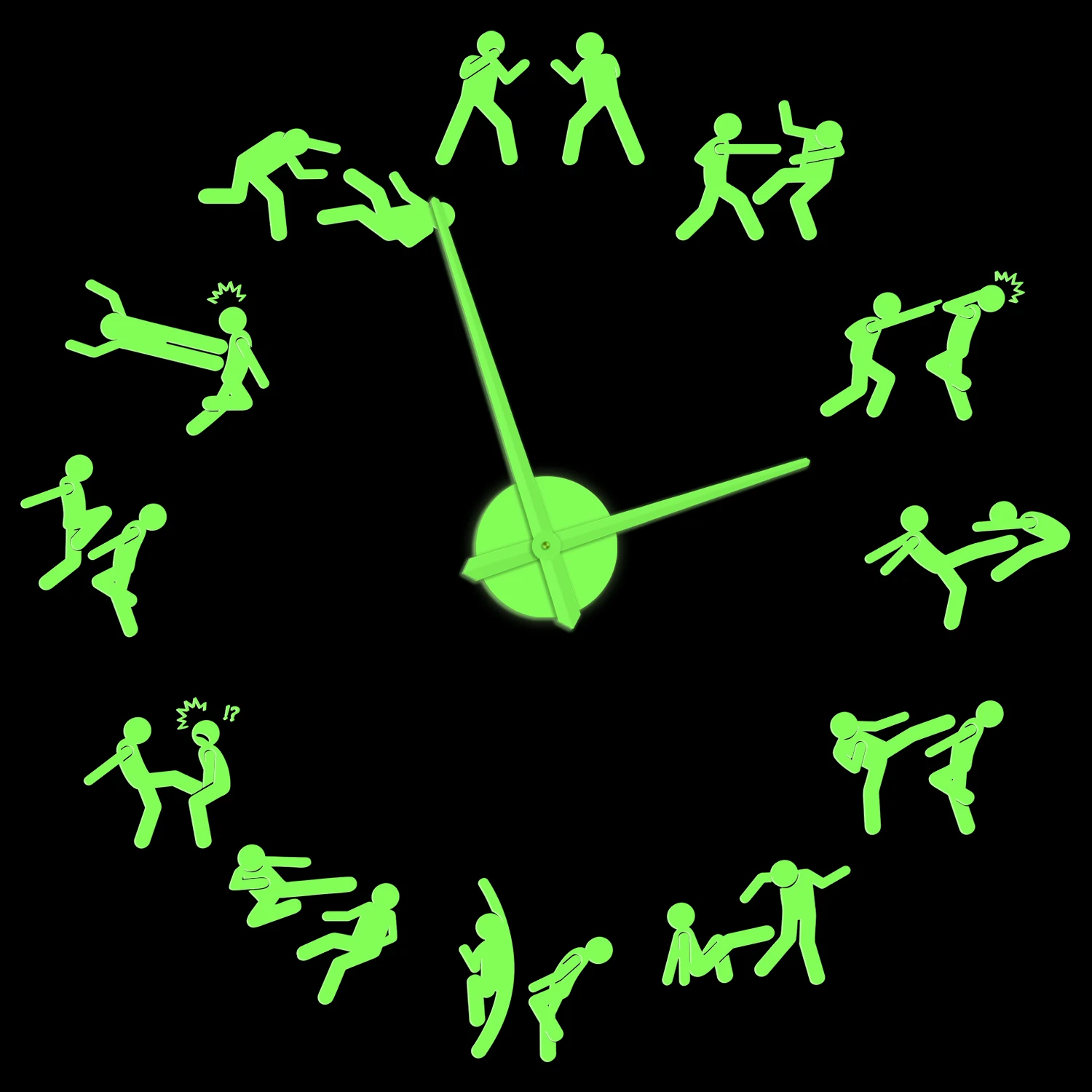 

Kung Fu Fighting Martial Arts Glow in Dark Wall Clock Boxing MMA Kicking Modern Design Luminous DIY Stickers Watch For Man Cave