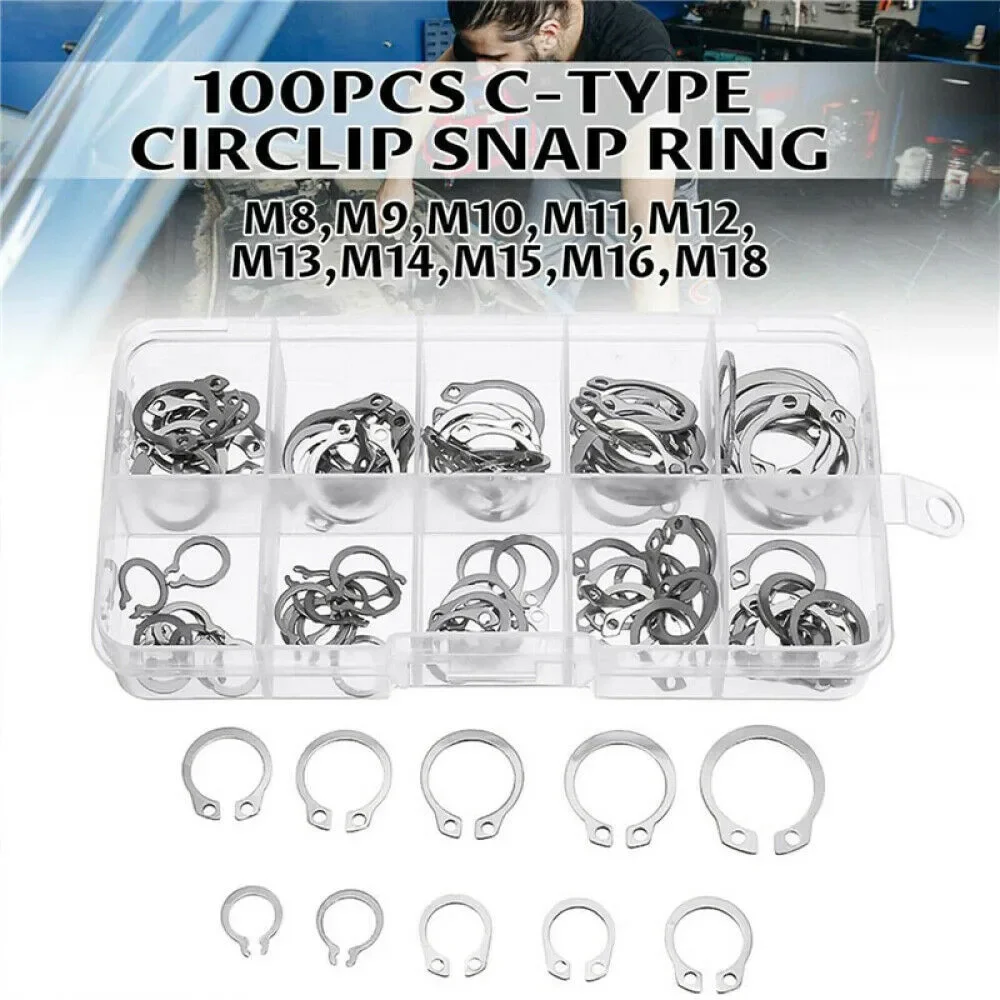 100pcs 304 Stainless Steel External Circlip Retaining Ring Assortment 8-18mm Set Carbon Steel Circlip Snap Rings