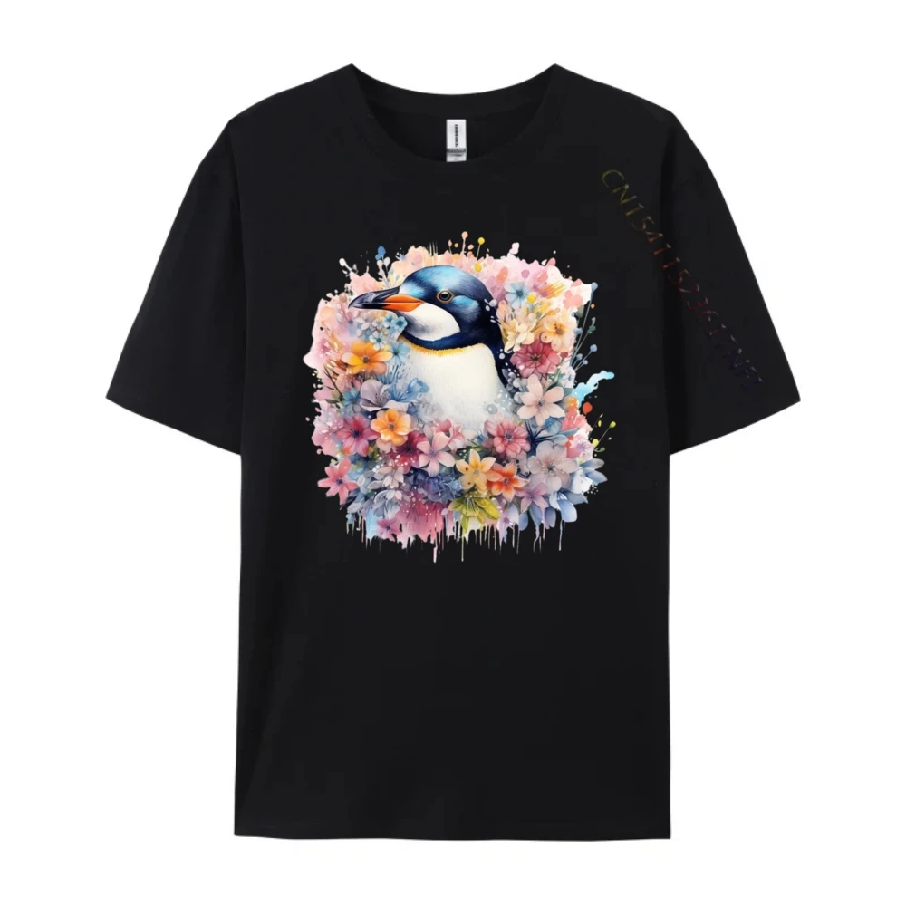 Cute Penguin Art Floral Watercolor Painting Mens Korean Fashion Skin-Friendly New In Tops And T-Shirts Letter