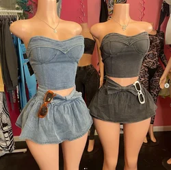 2024Denim Sets Women Strapless Washed Slim Tanks Bow Designed Chic Mini Skirts Sexy Clubwear Summer Outfits