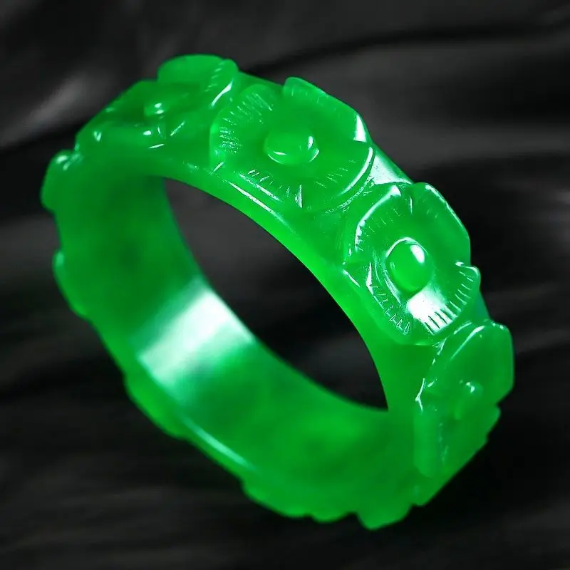 

100% Real Emerald Green Hand Carved Flowers Round Jade Bangle Jadeite Jewelry Simple Women Accessories