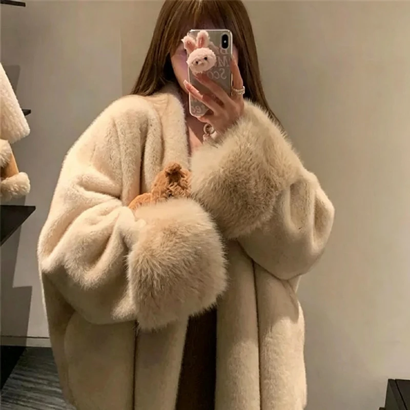 Elegant Women Open Front Faux Mink Fur Coat V‑neck Oversized Loose Fluffy Plush Jacket Wide Cuff Warm Casual Furry Outerwear - view 6