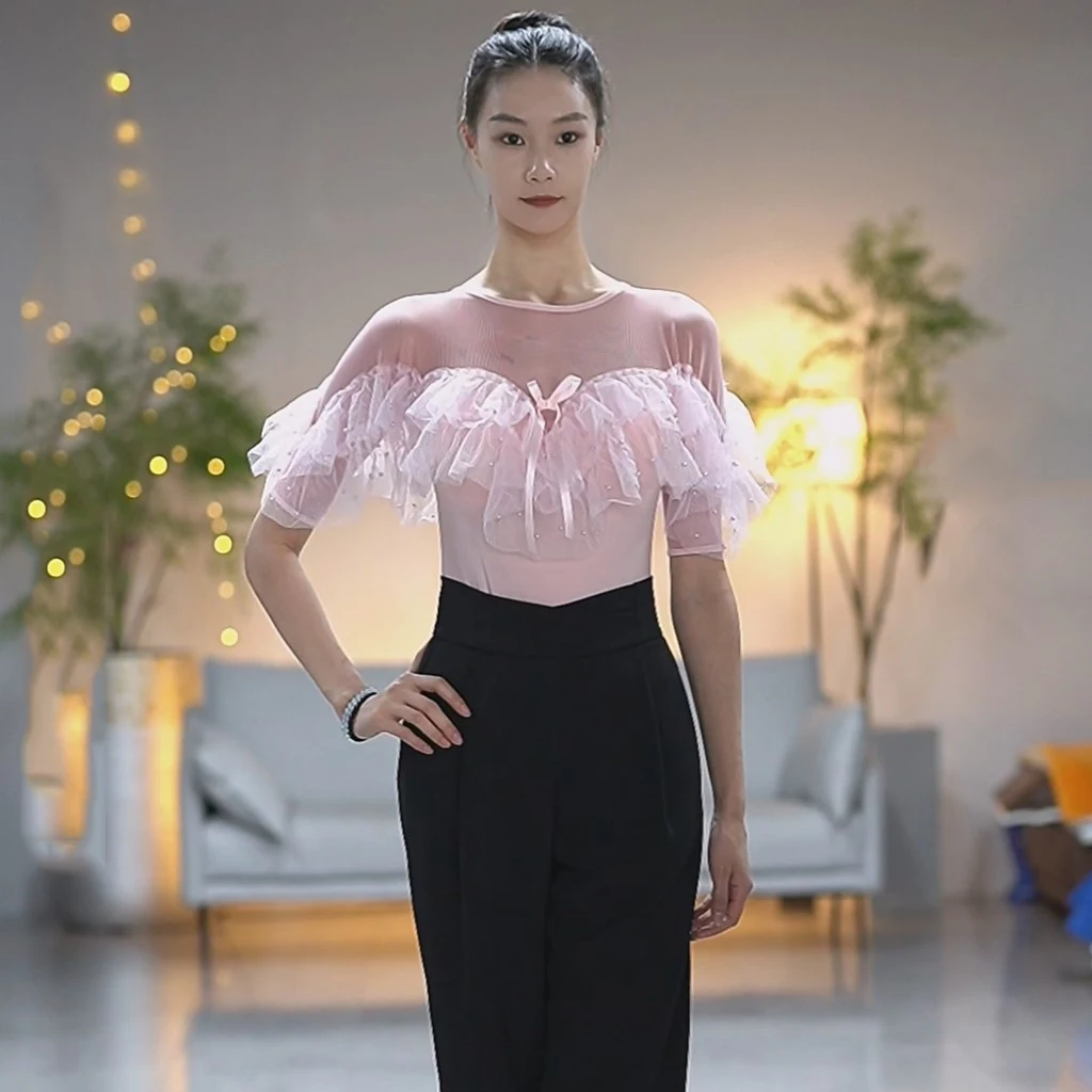 

New Ballroom Dance Tops Practice Clothes Mesh Short Sleeve Top Samba Chacha Tango Dress Adult Latin Dance Costumes Wear DN20752