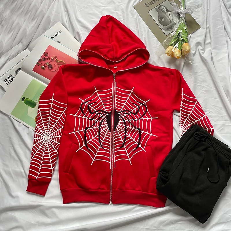 

Harajuku Grunge Y2k Cool Spider Web Graphics Chic Hoodie Long-sleeved Trousers Zipper Red Black Pocket Loose Men Sweatshirt Suit