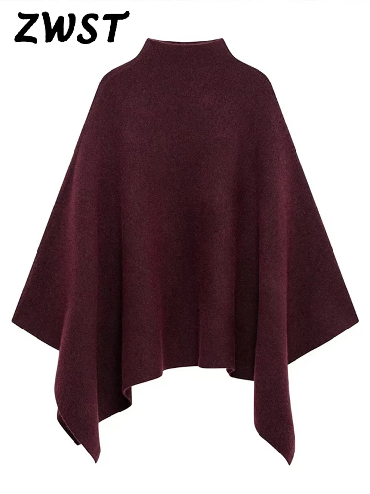 Red Loose Cloak Cape Sweater Women Burgundy Turtleneck Knit Raglan Sleeve Pullovers Female 2024 Autumn Lady Elegant Outwear