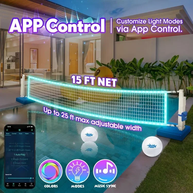 LED Pool Volleyball Net Set, Light Up Pool Volleyball Game Set with LED Water Balls, App & Remote Control, Music Sync,