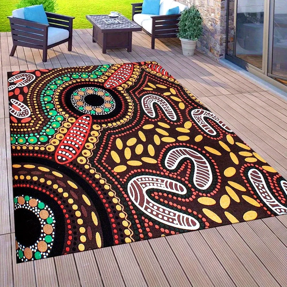 VIKAMA Aboriginal Dot Outdoor Area Rug Ethnic Tribal Circle Print Non‑Slip Washable Soft Carpet for Patio Living Room Decor Rug