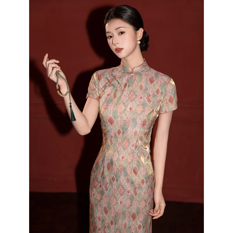 Etched cheongsam dress pink young new Chinese women's plaid 2026 new spring girl pink