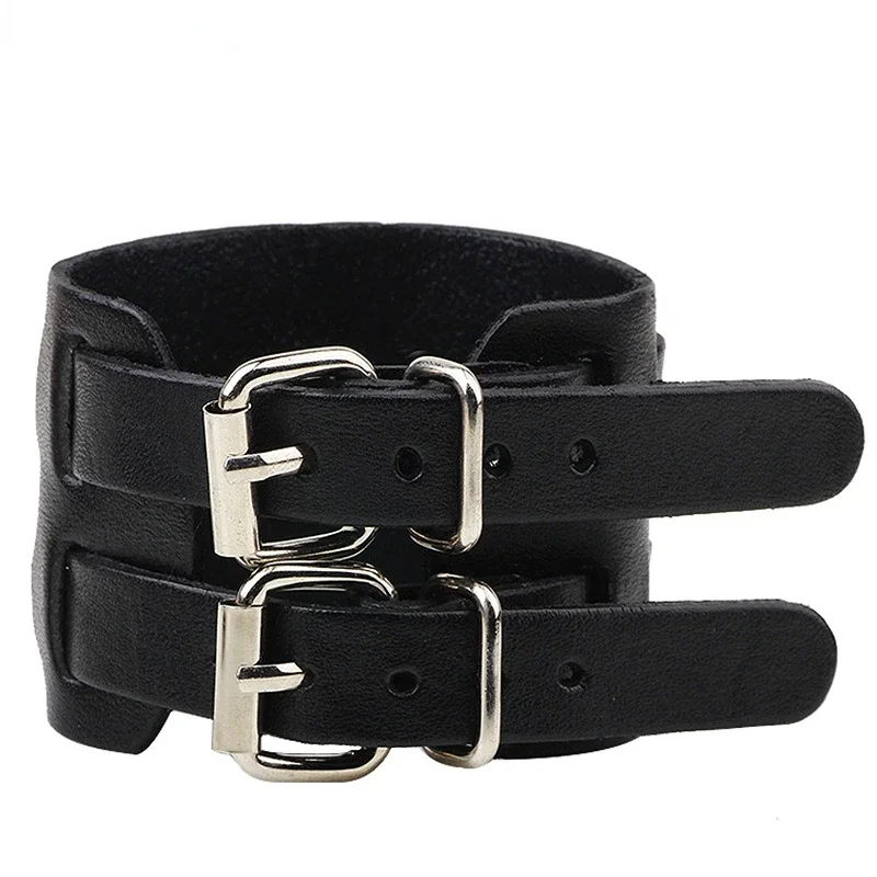 Punk unisex wide genuine leather bracelet double buckle mens womens wrap bracelet 2022 new fashion jewelry