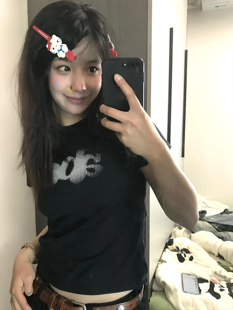 T-shirt coreana Sle ort Sve da donna estiva slim fit stampata in misto cotone poliestere rotondo Ne casual versatile Top