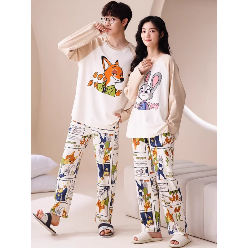 Cartoon Disney pajamas couple set autumn pure cotton long-sleeved trousers two-piece set loungewear casual women\'s pajamas