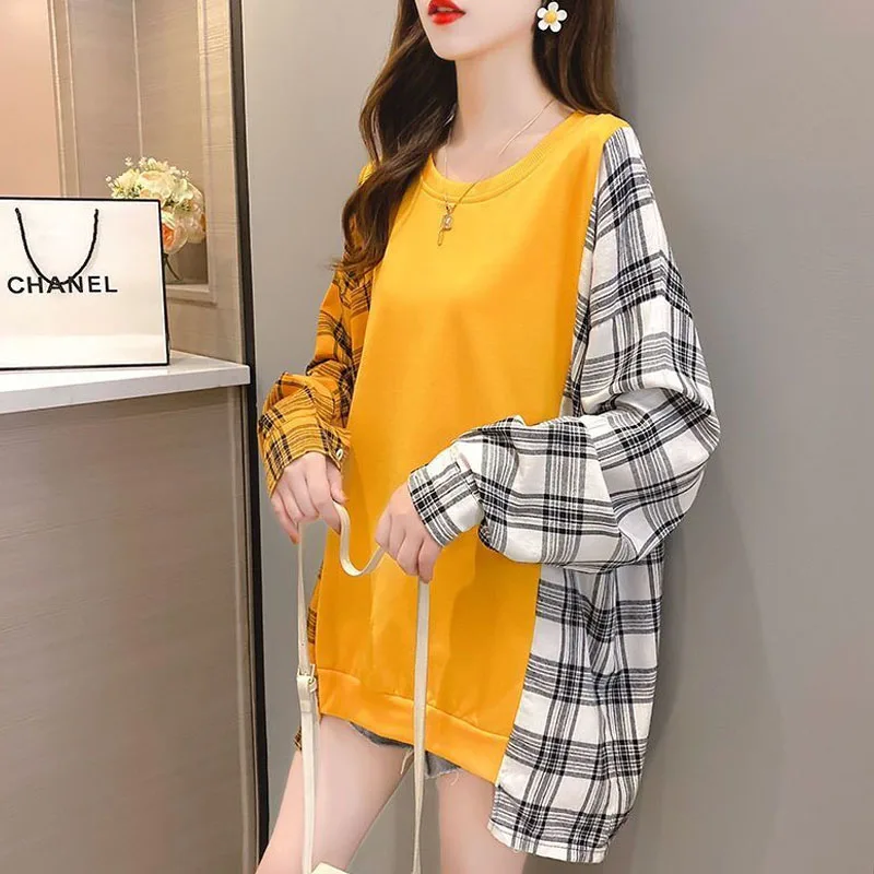 New Autumn Fashion Trend Patchwork Shirt with Round Neck, Loose and Versatile, Stylish and Slim Women\'s Long Sleeved Sweater