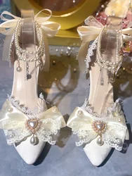 Original Lo Shoes Beige Flower Wedding Shoes Lolita French Adult Gift Fairy Shoes Elegant Pointed High Heels