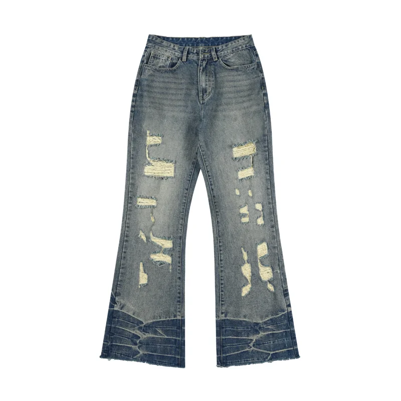 

LK1006 New American water wave pattern washed hole jeans men straight micro flare high street trend trousers