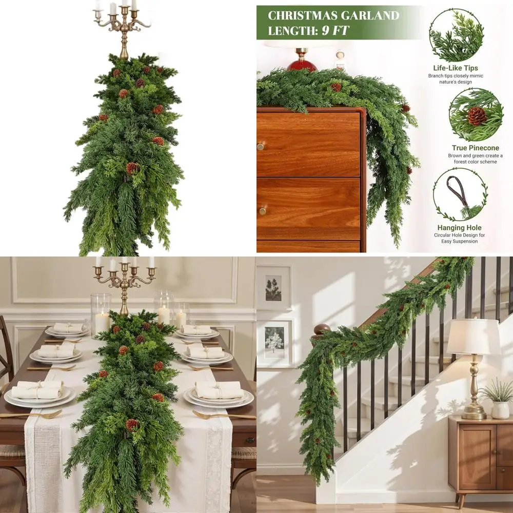 

9-футовая реалистичная гирлянда из сосны кипариса с шишками для рождественского декора — подходит для внутреннего и наружного использования
