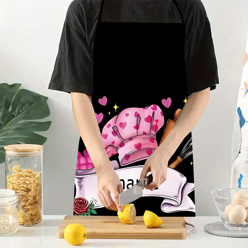 

Text Personalized Apron Pink Chef Theme with Kitchen Utensils, Hearts & Stars Print Cooking Accessory Aprons