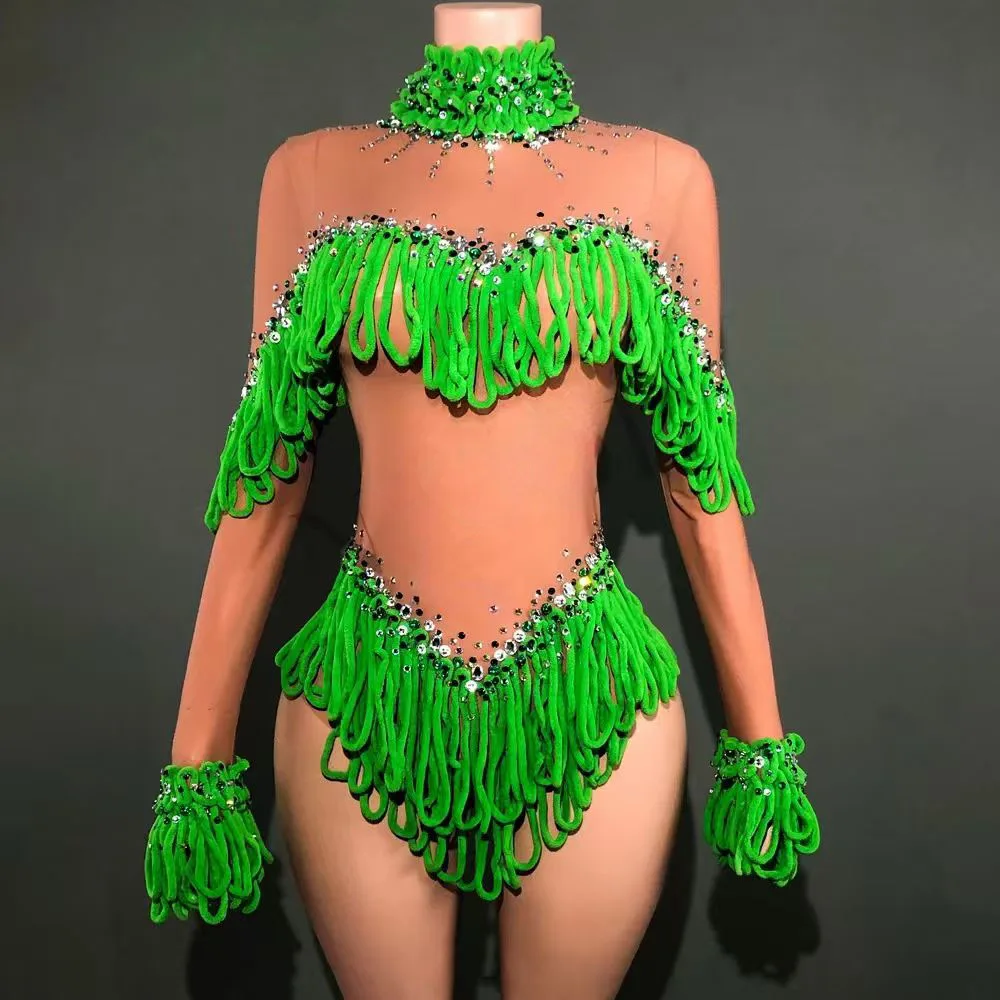 بدلة للجسم بشراشيب من حجر الراين اللامع للنساء، أكمام طويلة، شبكة مثيرة، شفافة، زي رقص الأداء، ملابس المسرح