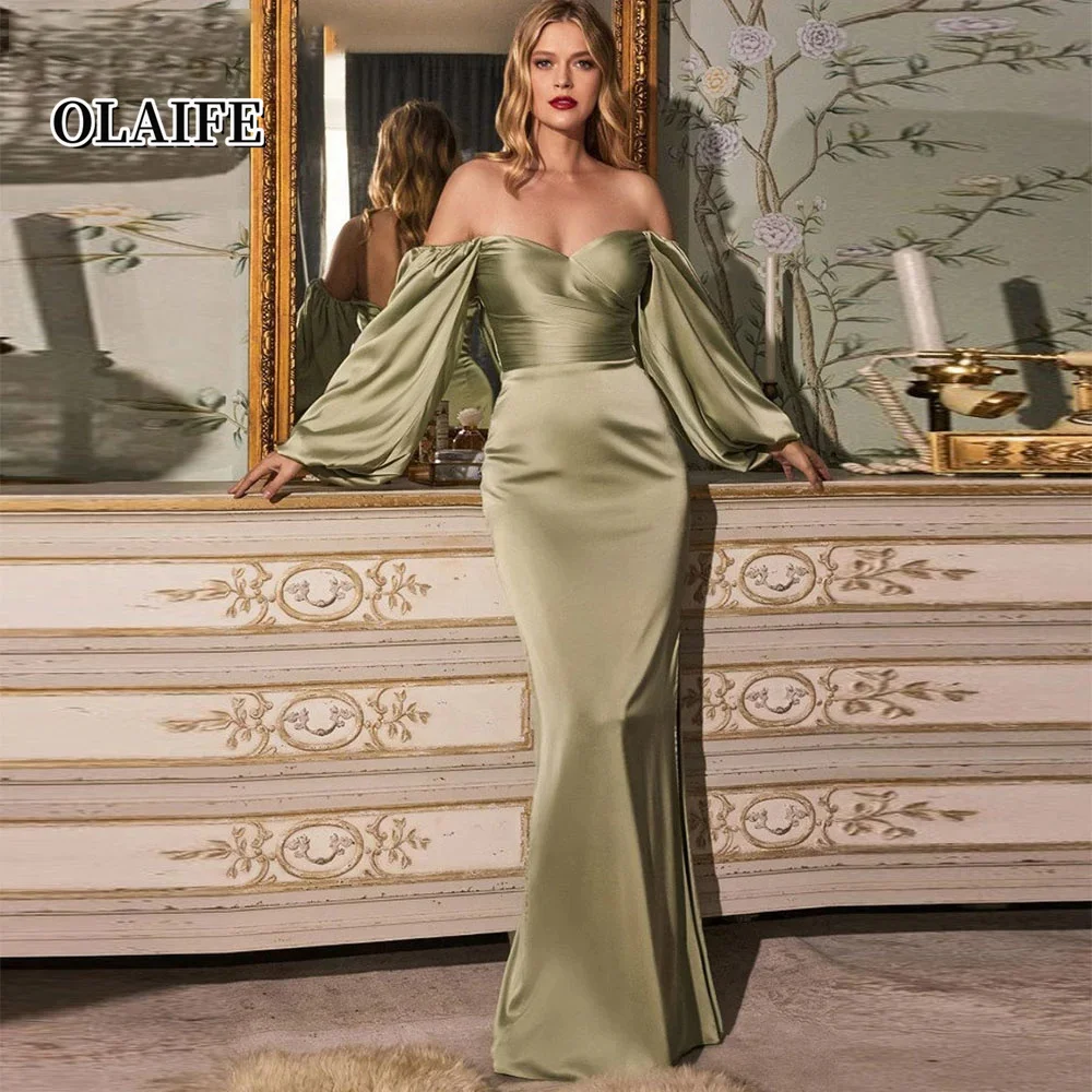 Lantern Sleeves Off Shoulder Mermaid Satin Mermaid Evening Party Dress Sweetheart Side Split Formal Prom Gown robes de soirée