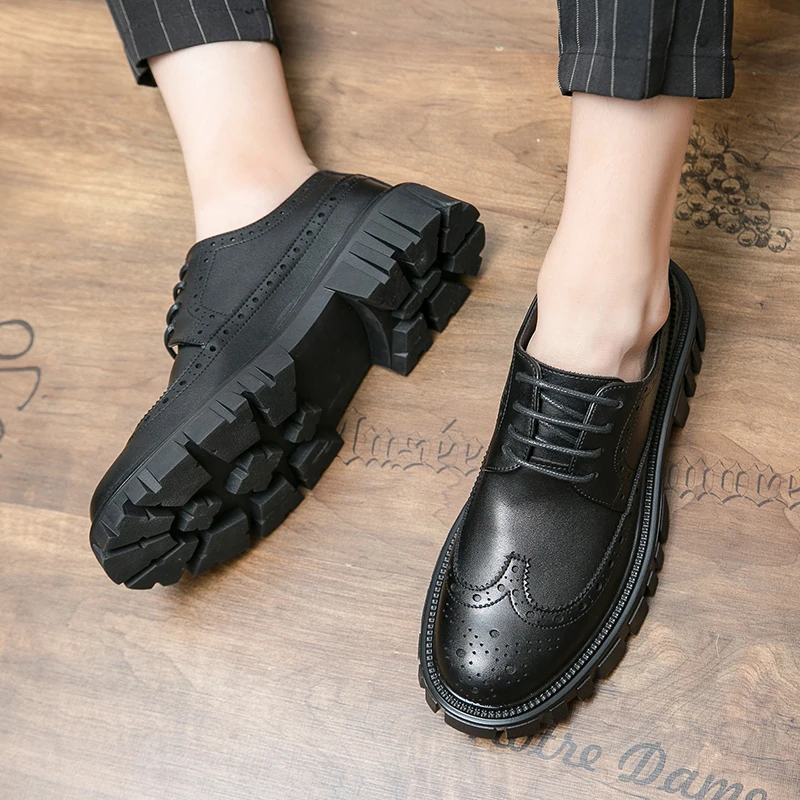 New British Style Brogue Shoes for Men Business Casual Fashion Commute Thick Sole Leather Shoes Male Platform Wedding Dress Shoe