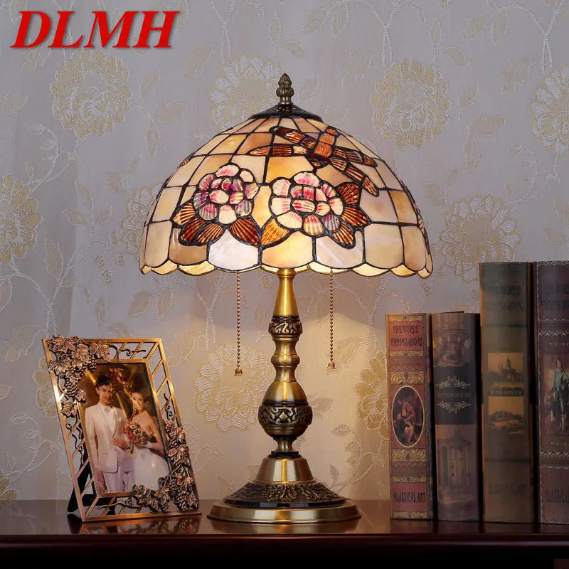 

DLMH Modern Brass Table Lamp LED European Creative Tiffany Shell Decor Bedside Desk Light for Home Living Room Bedroom