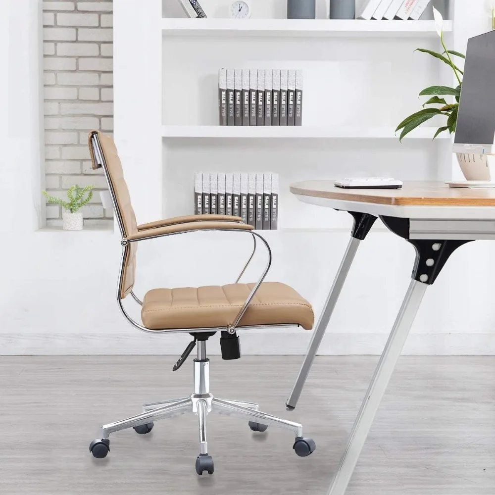 ชุดสอง (2) - สีแทน - Modern Mid Back Ribbed PU Leather Swivel Tilt Adjustable Chair Designer Executive Managemen