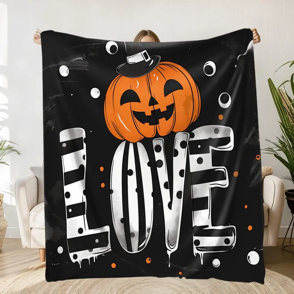 Whimsical Halloween Pumpkin Love Flannel Blanket - Soft & Warm Polyester with Playful Perfect for Naps, Camping