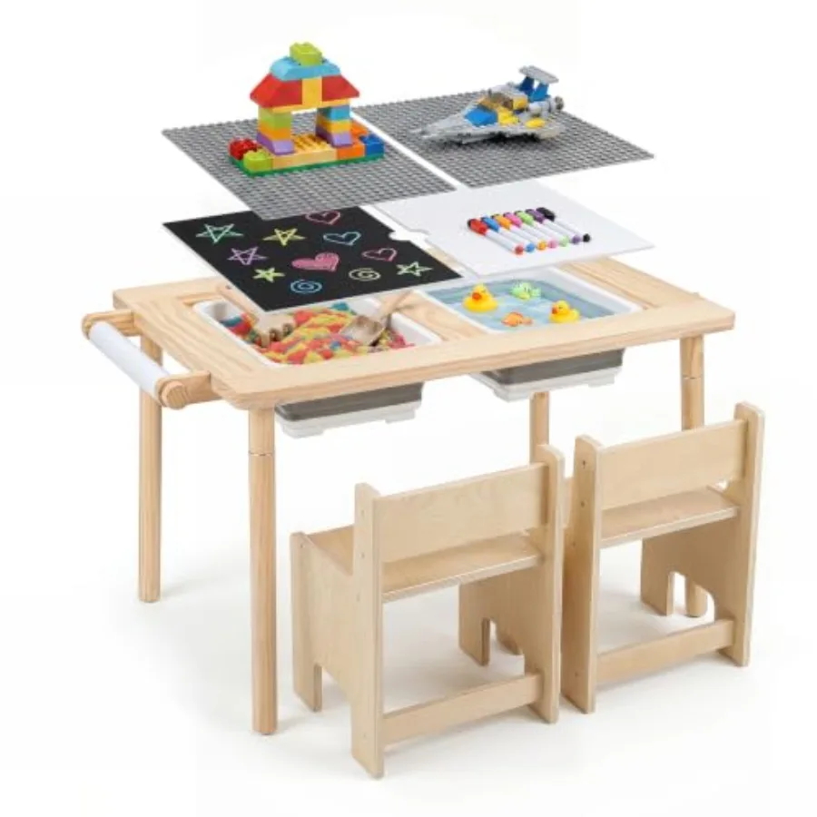 Sensory Table and Chair Set for Study, Craft, Art: Wooden, Natural Wood Color, Adjustable Height Dual-Sided Top with 2 Bins, Pa