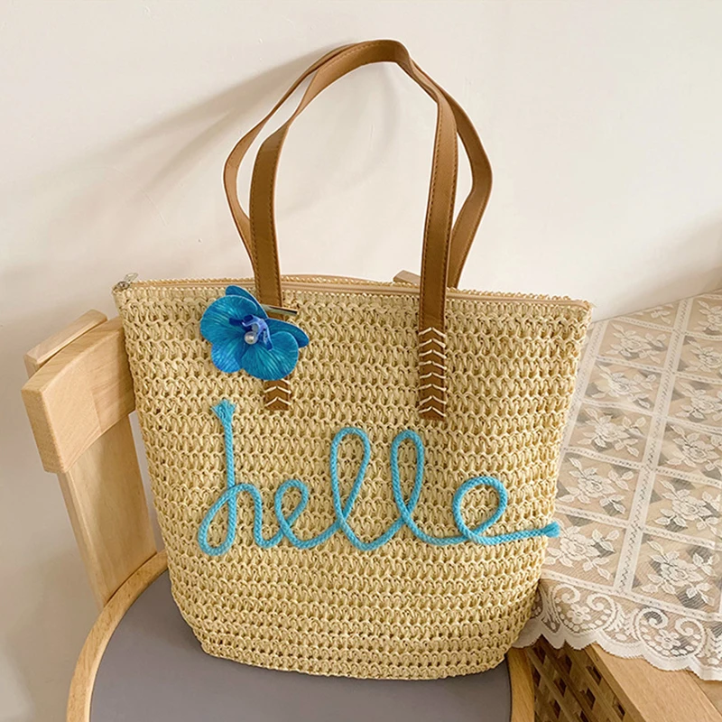 Summer Contrast Color Women Straw Shoulder Bags Large Capacity Ladies Woven Handbags Casual Female Beach  Underarm Tote