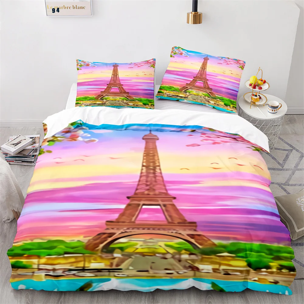 

Paris Eiffel Tower Themed Duvet Cover Set City Landscape Sky Cloud Comforter Cover Home Decor Romantic Bedspread Cover King Size