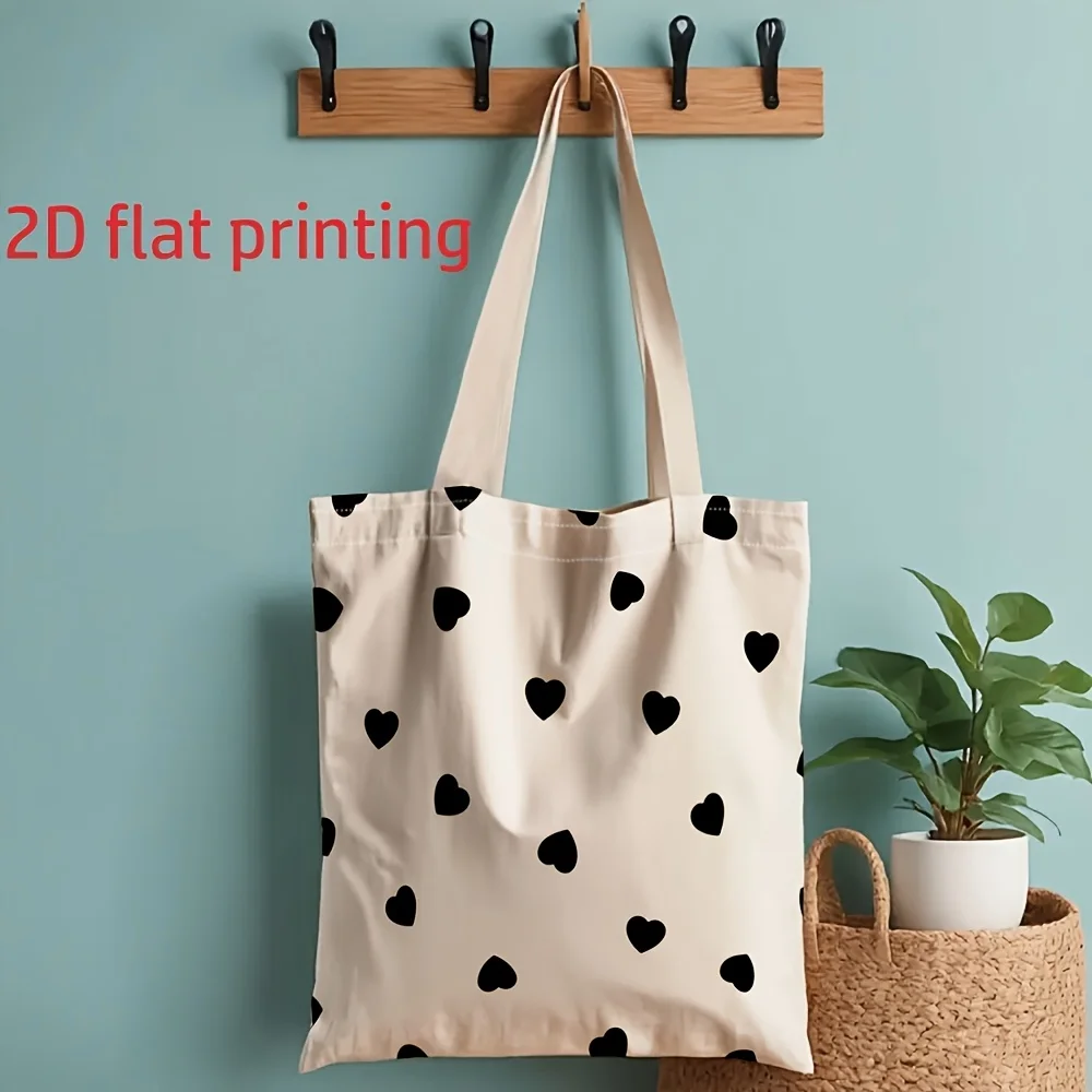1pc, Double-sided Print, Black Polka Dot Hearts Canvas Tote Bag, Minimalist Casual Daily Tote Bag
