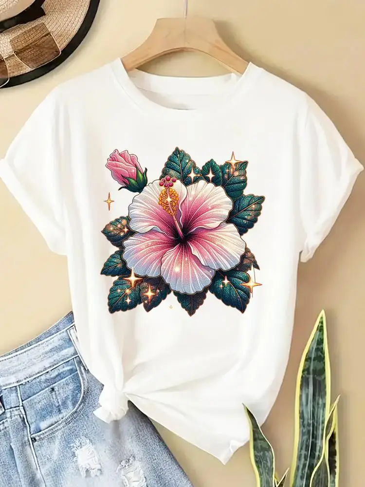 جميل زهرة نمط لطيف طباعة عادية T السيدات شعبية س الرقبة موضة الملابس تيز المرأة الجرافيك تي شيرت ملابس قصيرة الأكمام