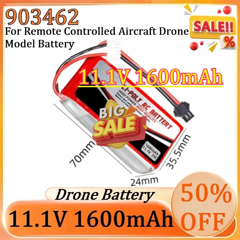 

For Remote Controlled Aircraft Drone Model Battery New 11.1V 1600mAh 25C 903462 Lipo High Quality Battery