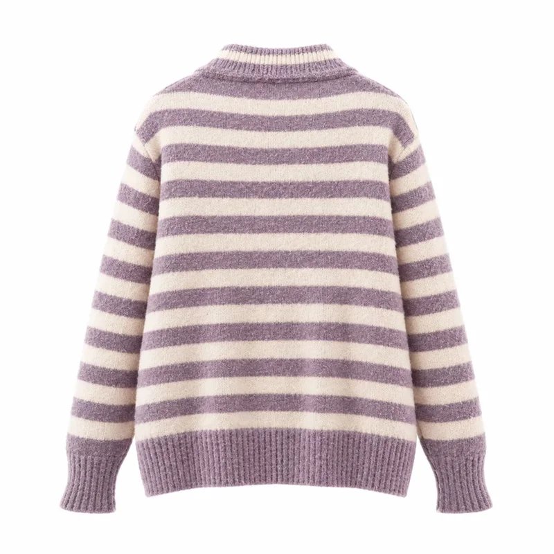 Guobioziy 2026 Autumn Cute Striped Polo Collar Sweater Women Teddy Bear Patch Pocket Soft Fuzzy Knit Top For Casual Daily Wear