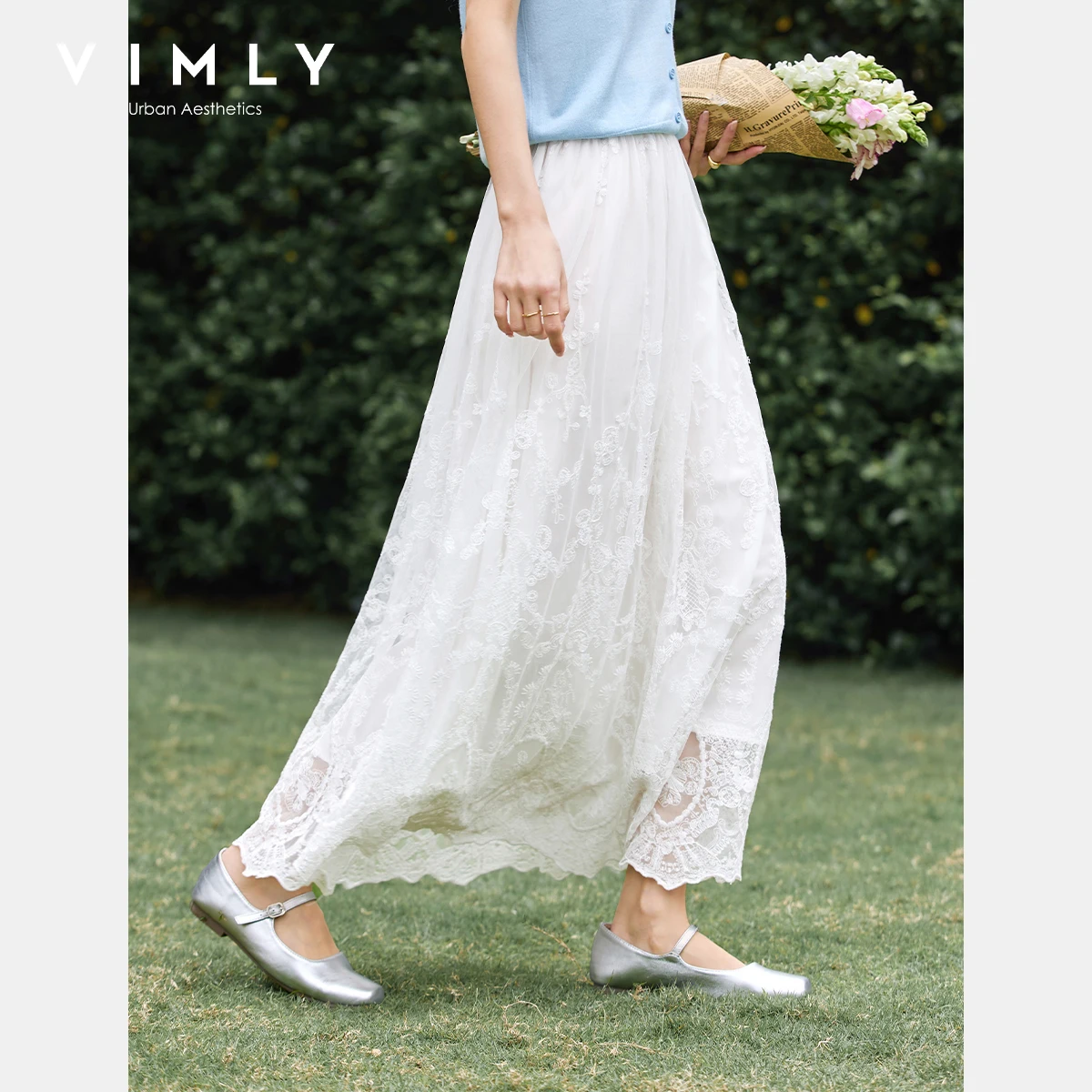 VIMLY Korean Fashion White Lace Skirt Women 2025 Summer Hollowed-out Lace 2025 Elegant Lady High Waist Swing Long Skirt A1392