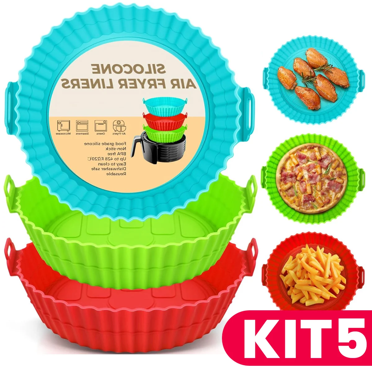 Kit 5 Formas de Silicone Reutilizável Antiaderente para Air Fryer Forno Microondas e Fritadeira Ideal Para Cozimento Saudável se