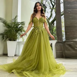 FORMALS Off Shoulder Light Green Tulle Dress Appliques Floral Evening Dresses Flooer Length Shinny Lace Women Clothing With Trai