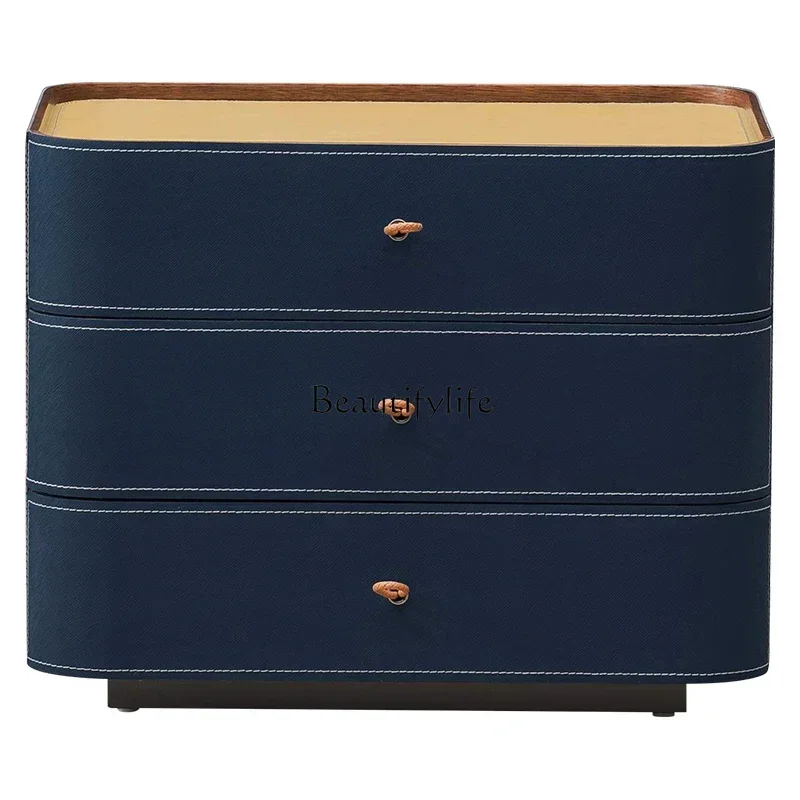 

L*Italian minimalist bedside table bedroom light luxury high-end blue saddle leather bedside table