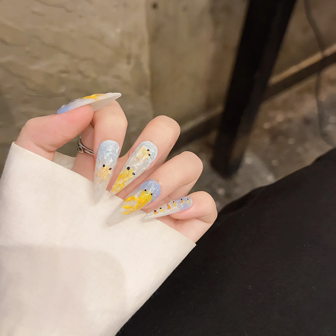 Handmade Press on Nails Underwater World Little Goldfish Fake Nails with Glitter Cat Eye Design Long Pointed Wearable False Nail