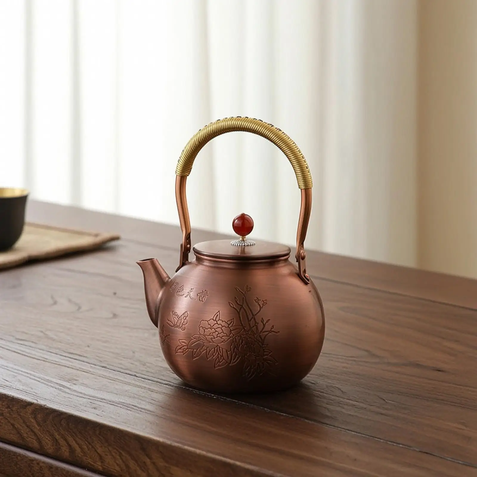 Handmade Copper Kettle for Tea Brewing Retro Teapot with Curved Spout Red Round Knob Embossed Details for Gift Giving