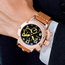Automatic Mens Watch Self Wind Mechanical Genuine Brown Leather Multifunction Boat Limited Rose Gold Bronze U Fashion Watches