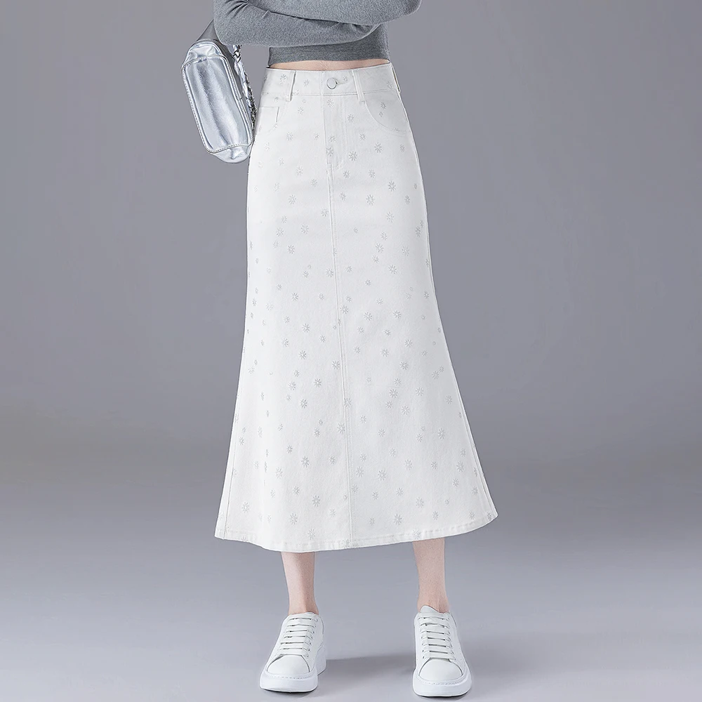 Silver Floral Print A-Line Midi Skirt for Women 2026 New Trendy High Waist White Denim Mermaid Maxi Skirts Summer Ladies Skirt