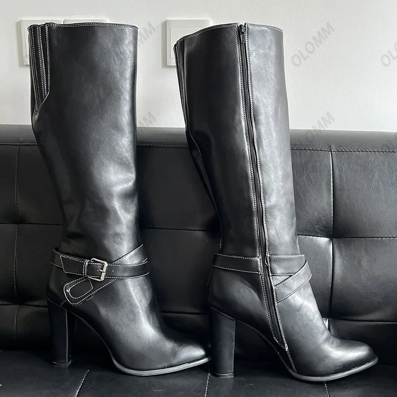 Olomm-Botas de joelho unissex com zíper completo para mulheres, salto em bloco, dedo do pé redondo, preto, sapatos casuais, além dos EUA 5-20, novo, inverno