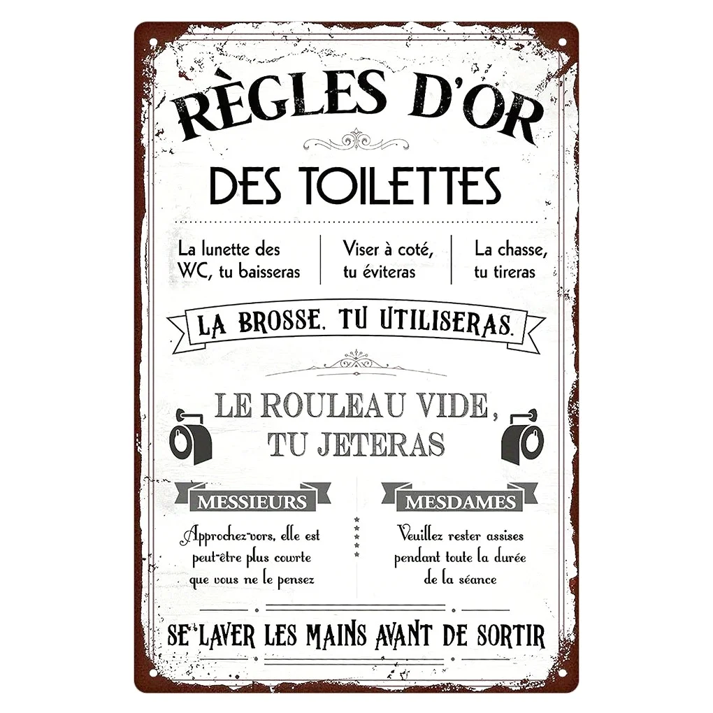 Funny French Quote Metal Toilet Sign - 'The Rules of the Toilettes' Humorous Wall Decor for Home Bathroom, es, Perfect for Room