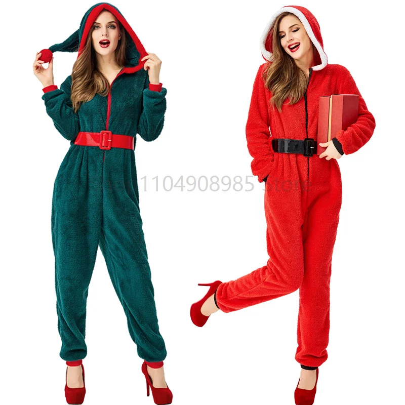 

Christmas Cute Long Sleeve Adult Women's Red Green Santa Hooded Jumpsuit Cosplay Party Outfits Costumes 2026