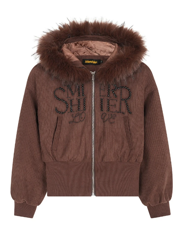 

Американская ретро куртка-пуховик из искусственного меха с капюшоном, женская свободная куртка на молнии, короткое вельветовое теплое зимнее пальто, повседневная винтажная уличная одежда