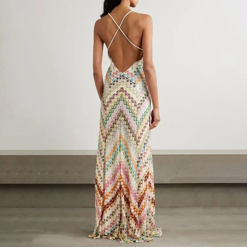 Bohemian Multicolor Chevron Halter Maxi Dress Retro Deep V Neck Criss Cross Backless Sleeveless Pleated Draped Dresses Holiday